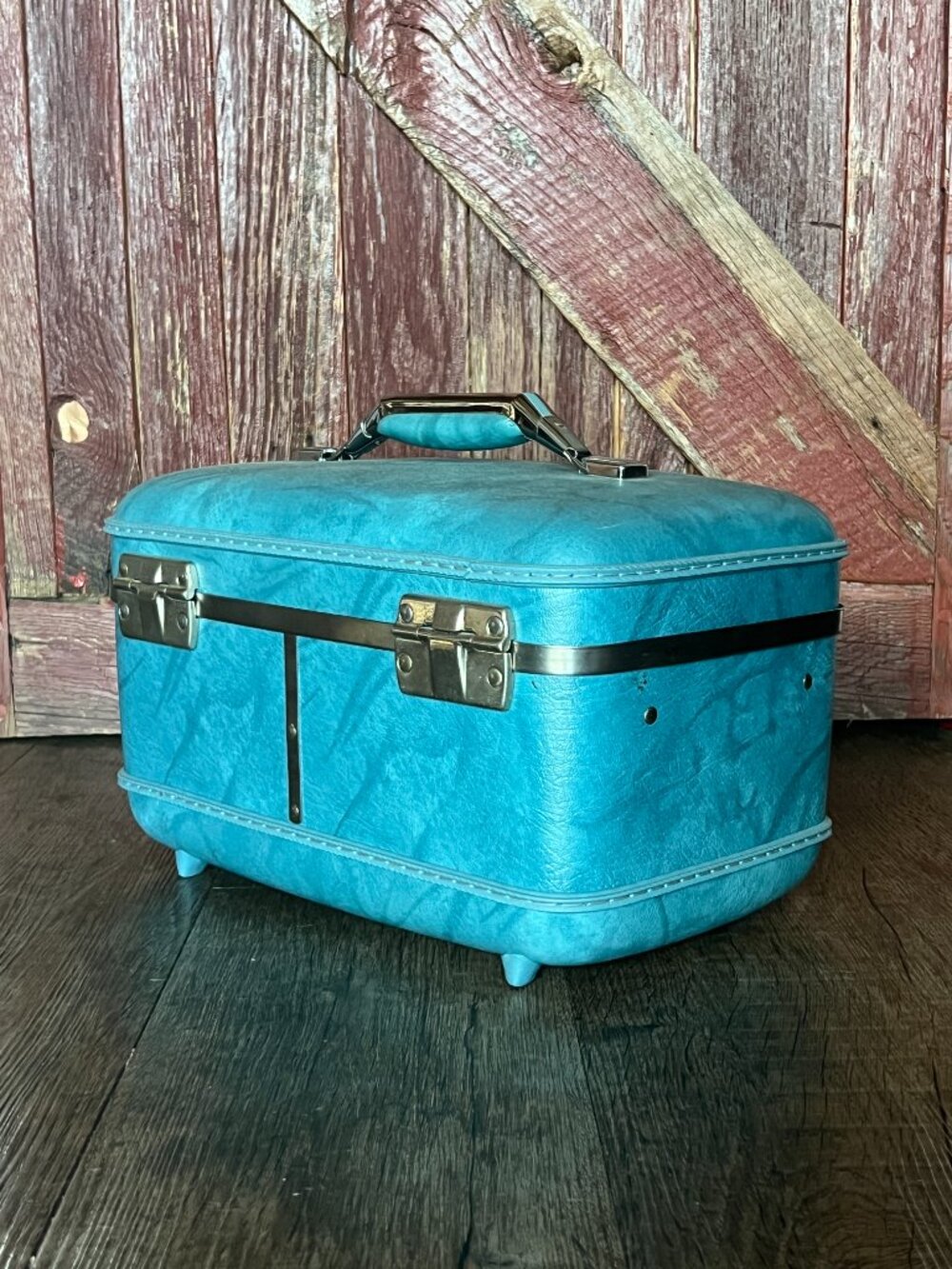 Vintage American Tourister Train Case Turquoise Blue Hard Shell Cosmetic Luggage - Picture 8 of 10